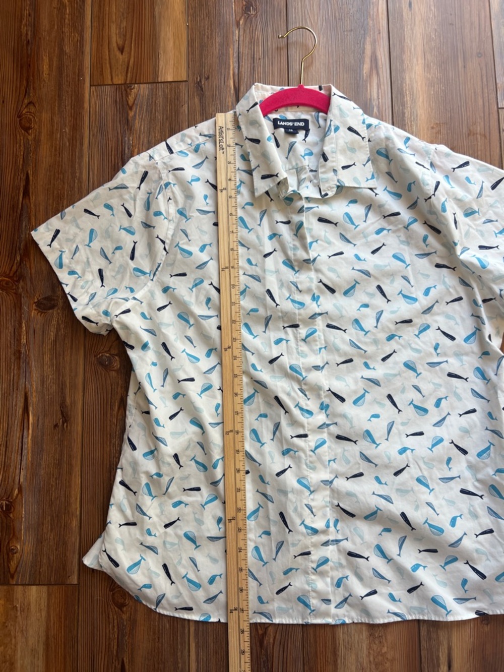Lands' End White Short-Sleeve Button-Up Shirt with Blue Whale Print - Picture 11 of 11
